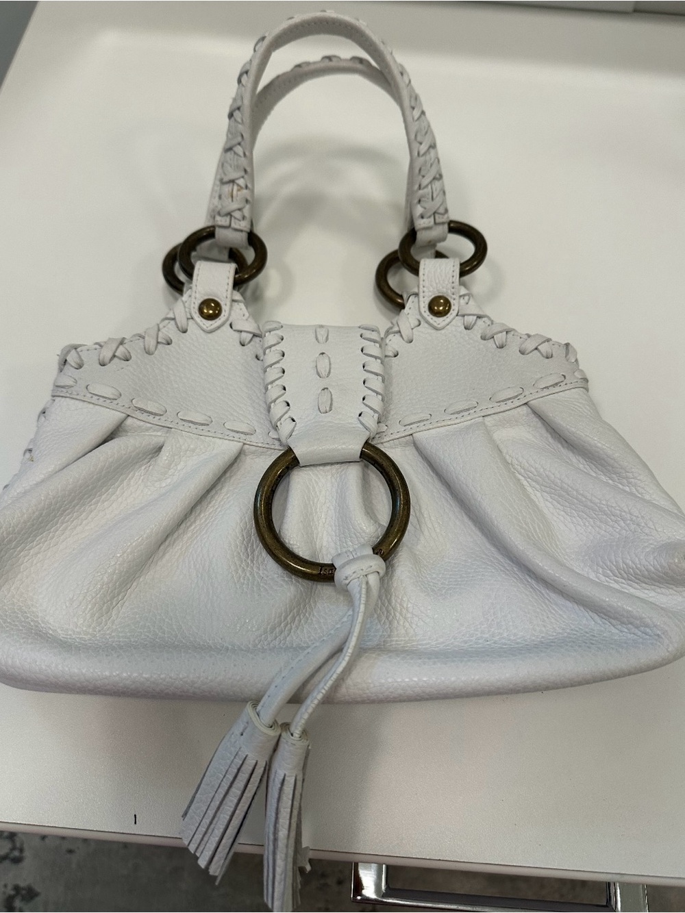 Isabella Fiore White Braided Leather Shoulder Bag with Antique Brass Rings